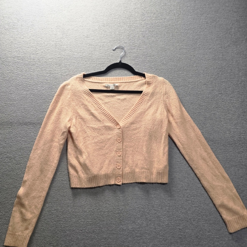 American Eagle Cropped Cardigan Sweater Womens XS Peach Pink V Neck Button Front